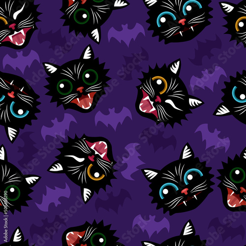 Seamless background of black cats and bats. Heads of black cats with colored eyes and silhouettes of bats on a purple background. Halloween. Vector illustration isolated on a white background.