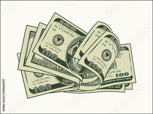 Pile of folded 100 dollar banknotes, bills. Heap of cash money. Color isolated vector illustration in vintage style.