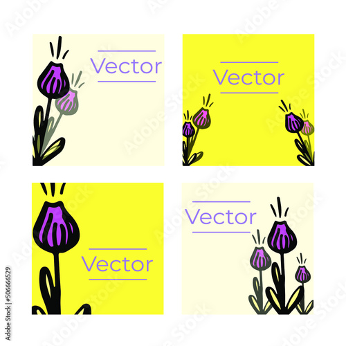 Tulip flower beauty set of vector illustrations. Birthday present festive sketch hand drawn square background. Holiday media banner
