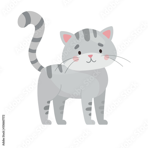Gray striped cat. Cute kitten character vector illustration. Flat style isolated on white background. Funny baby pet