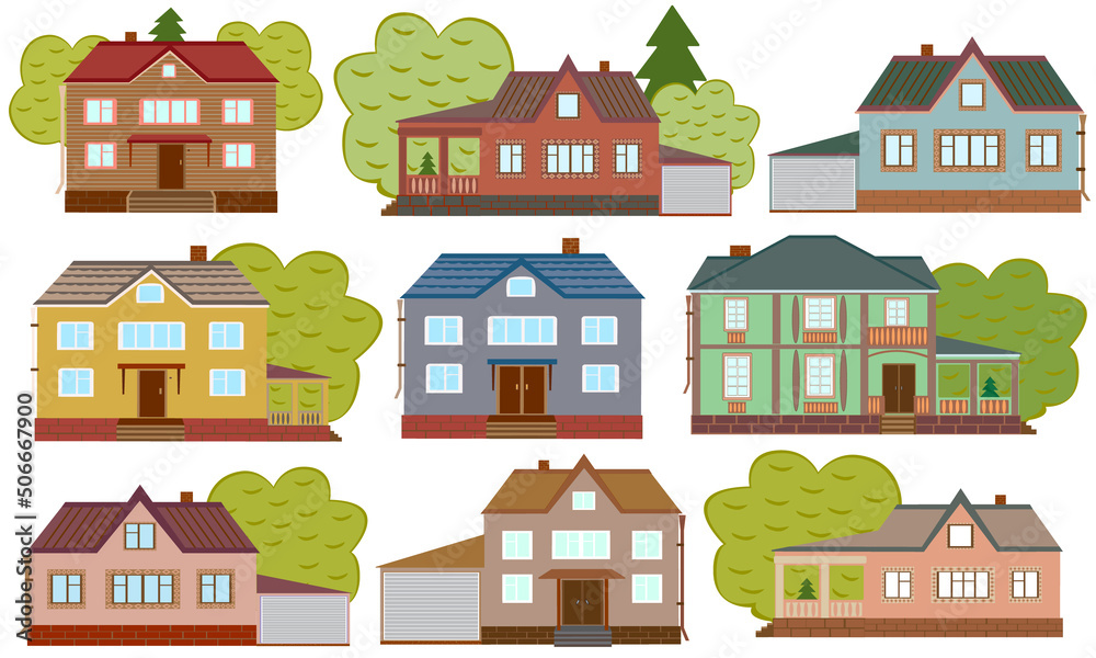 A group of houses is suitable for advertising a real estate agency, sale or rental. A set of beautiful houses will decorate your design. Vector illustration isolated on white background.