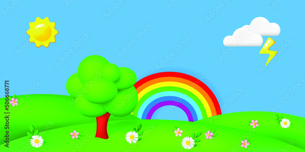 World environment day banner with 3d objects. Summer landscape with green hills, rainbow, bright sun, white clouds, tree and flowers