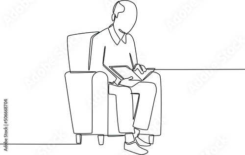 Single one line drawing is grandfather is reading a book on the sofa. Grandparents day. Continuous line draw design graphic vector illustration.