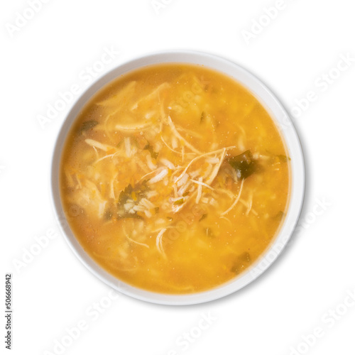 Chicken soup in a bowl isolated over white background