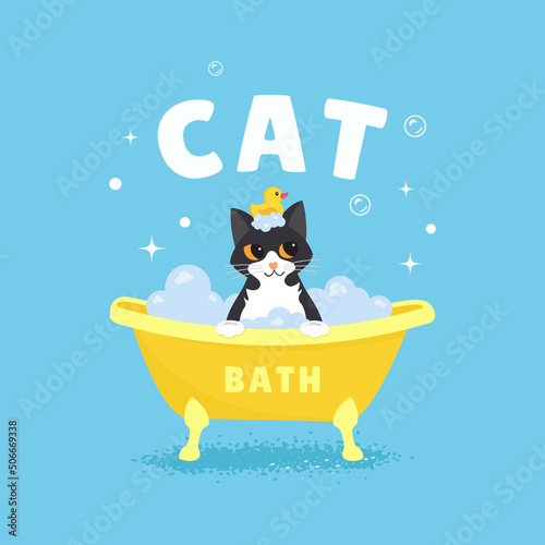 Fototapeta Naklejka Na Ścianę i Meble -  Cat taking a bath. Grooming and washing cats. Cat grooming. Cute character cartoon cat sitting in the bath with duck toy.