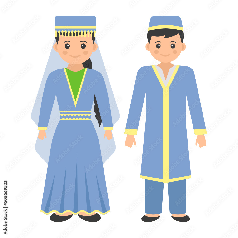 uzbek couple standing together Concept, Tubeteikas with silk shirt vector color icon design, World Indigenous Peoples symbol, characters in casual clothes Sign, traditional dress stock illustration
