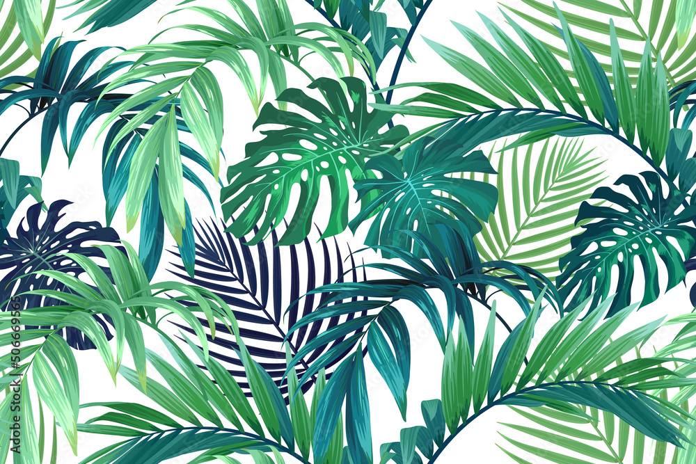 Seamless hand drawn tropical vector pattern with monstera palm leaves. - obrazy, fototapety, plakaty 