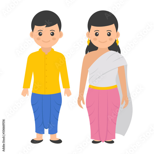 bangladesh couple standing together Concept, Man wearing yellow shirt with blue dhoti and lady wearing sari vector color icon design, World Indigenous Peoples symbol, characters in casual clothes Sign