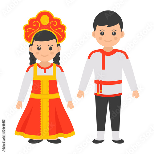 Russian couple standing together Concept, Man wearing Kosovorotkas and girl with sarafan and poneva vector color icon design, World Indigenous Peoples symbol, characters in casual clothes Sign