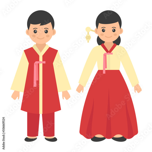 Korean couple standing together Concept, formal wear Hanbok vector color icon design, World Indigenous Peoples symbol, characters in casual clothes Sign, traditional dress stock illustration
