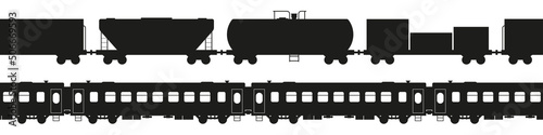 Freight train seamless pattern. Passenger train seamless pattern. Train silhouette. Flat vector illustration isolated on white background.