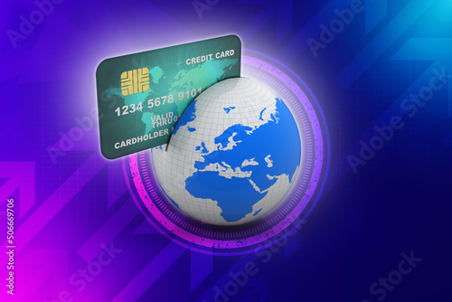 3d rendering credit or debit card with globe. 