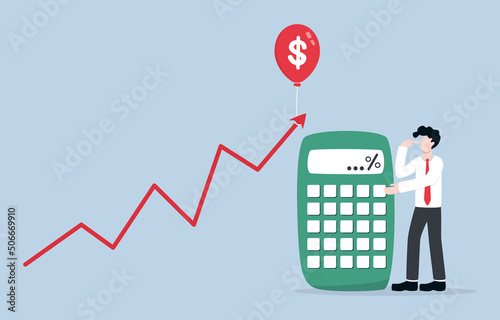 Inflation rate calculation to make financial plan for future, financial security, risk management concept. Businessman standing beside calculator and analyzing red uptrend graph tied up with balloon.