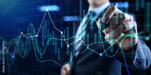 Financial charts diagram stock market data analysis. Businessman and virtual dashboard.