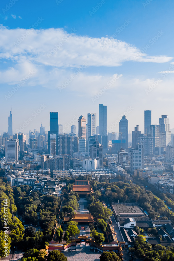 Fototapeta premium Aerial view of Chaotian Temple and city skyline in Nanjing, Jiangsu, China