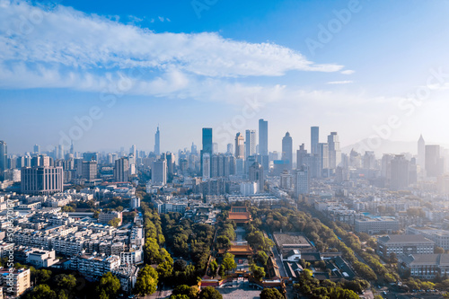 Aerial view of Chaotian Temple and city skyline in Nanjing, Jiangsu, China
