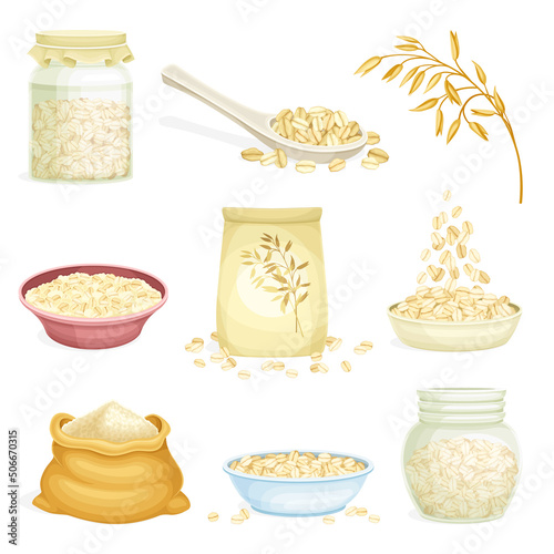 Oatmeal as Whole-grain Food with Rolled Oats in Bowl and Cereal in Package Vector Set