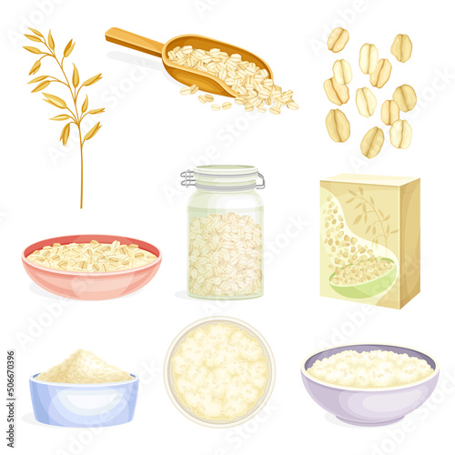 Oatmeal as Whole-grain Food with Rolled Oats in Bowl and Cereal in Package Vector Set
