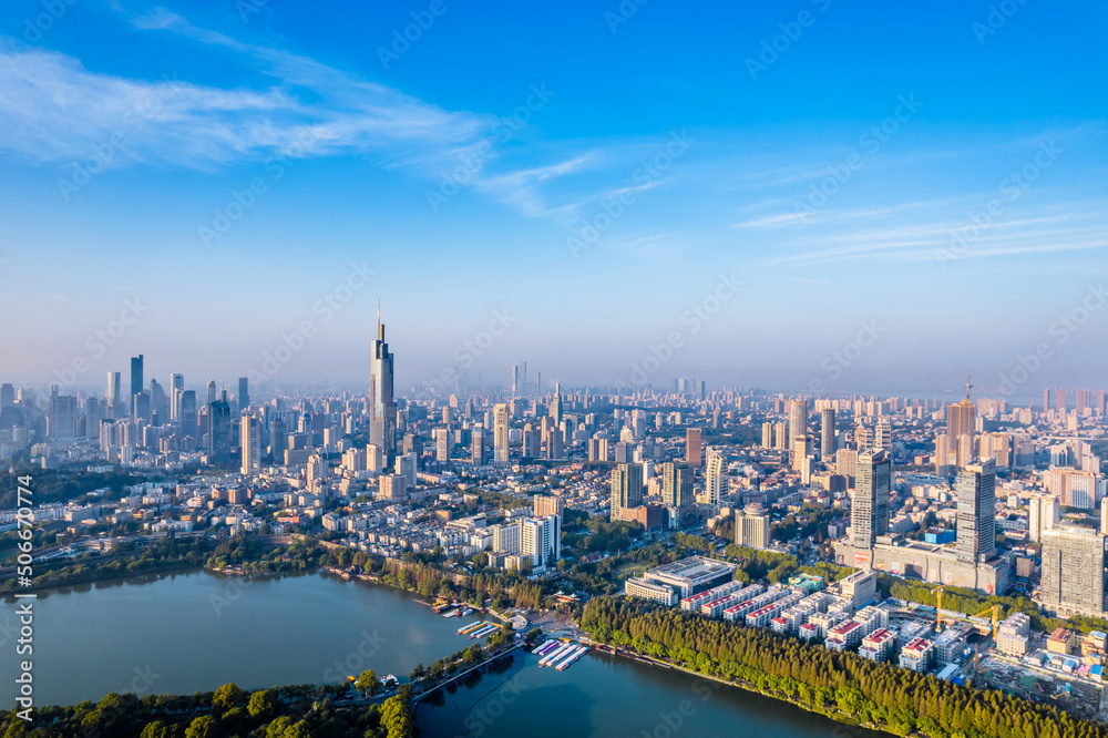 Aerial view of Xuanwu Lake and city skyline in Nanjing, Jiangsu, China