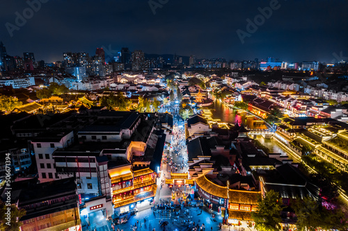 Aerial photography of Gongyuan Street night scene in Qinhuai sightseeing belt of Confucius Temple, Nanjing, Jiangsu, China