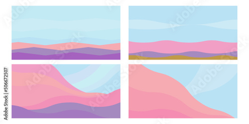 set landscapes with mountains. Fantasy on the theme of the morning landscape, sunrise in the mountains, panoramic view, vector illustration