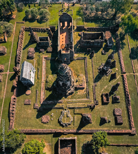 Aerial view of wat phrasi rattana mahathat, ruin temple in Lopburi, Thailand