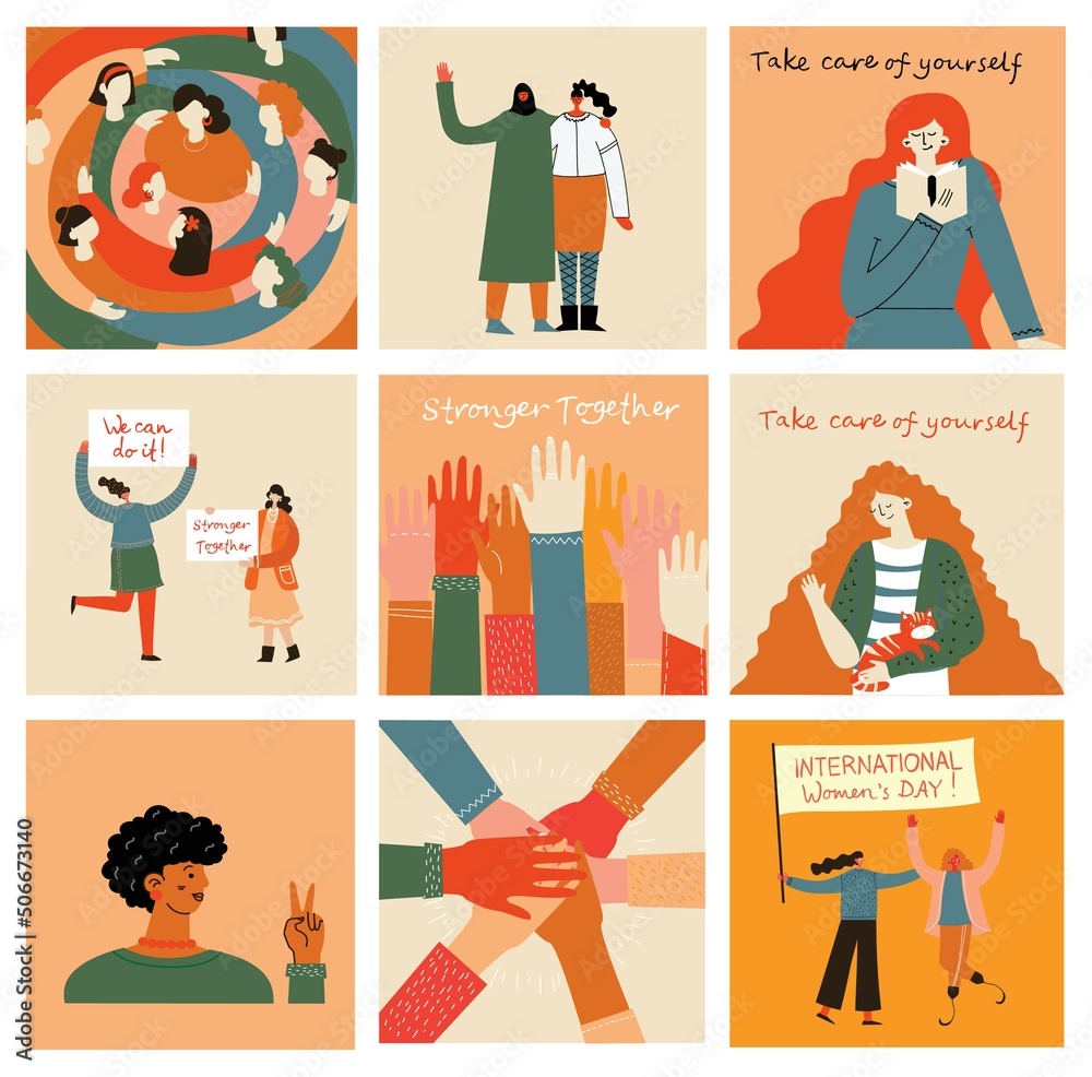 Naklejka premium Women friendship group. Diverse female team standing together, holding hands, girls power, multinational sisterhood community vector illustration. Friendship group females, people diversity