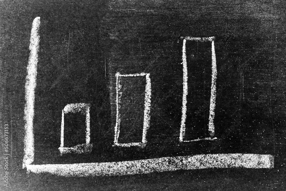 Fototapeta premium White color chalk drawing as upward bar graph on blackboard or chalkboard background (Concept for sale, profit, cost of company in uptrend)