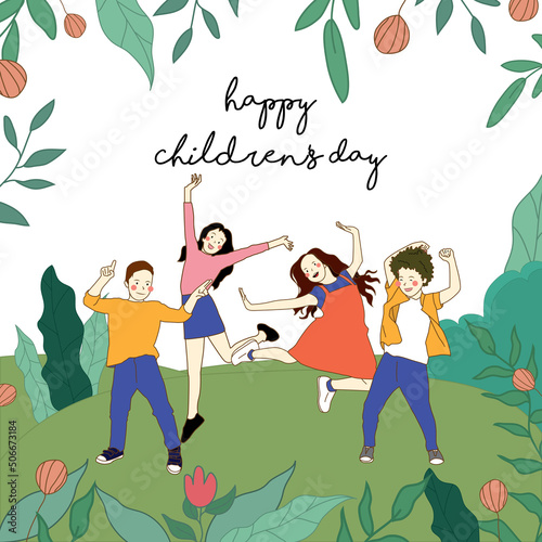 flat illustration of children dancing happily