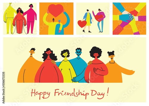 Background with happy diverse hugging people. Concept of friendship day  unity. Celebration or congratulation of multiracial friends.
