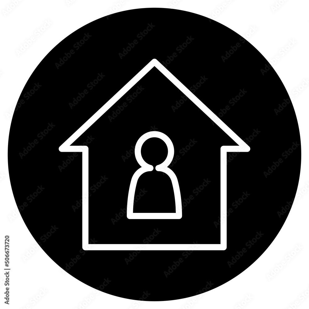 Human, house simple icon vector. Flat design. White icon on black circle. White background.ai Human, house simple icon vector. Flat design. White icon on black circle. White background.ai