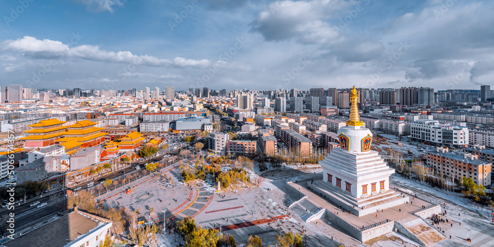 Cityscape of Guanyin Temple and Baoerhan Pagoda in Hohhot, Inner Mongolia