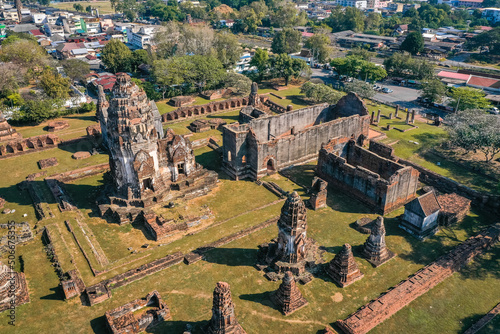 Aerial view of wat phrasi rattana mahathat, ruin temple in Lopburi, Thailand