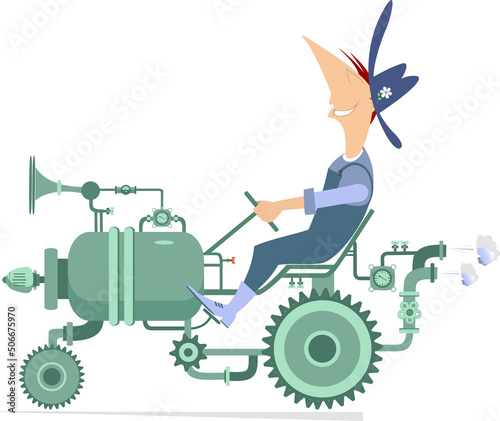 Farmer driving tractor.
Cartoon smiling farmer driving tractor in countryside. Isolated on white background
