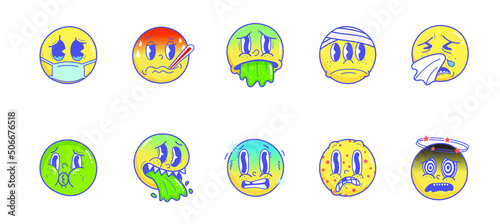 sick emoji. Vintage 30s 40s 50s cartoon and comic facial expressions emoji. Expressive eyes and mouth, sick sneeze fever Vomit chills character face expressions vector set Premium Vector