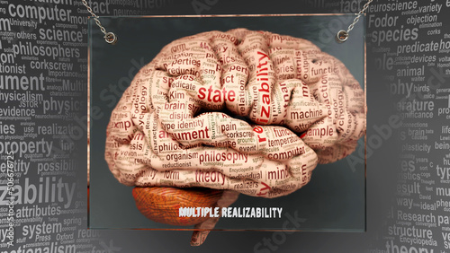 Multiple realizability in human brain - dozens of terms describing its properties painted over the brain cortex to symbolize its connection to the mind.,3d illustration photo