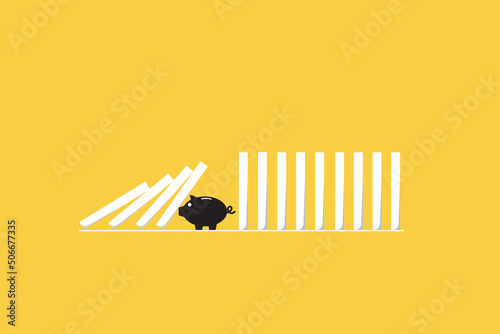 Piggy bank stopping domino effects. symbol of financial crisis blocked by strong financial saving support.