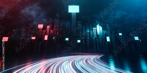 3d rendering3d rendering cityscape with curve red and light blue light trail on road. Concept city, downtown district, town at night with bright neon light.  © pprothien
