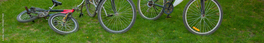 Three bicycles standing on the freshly cut grass in summer