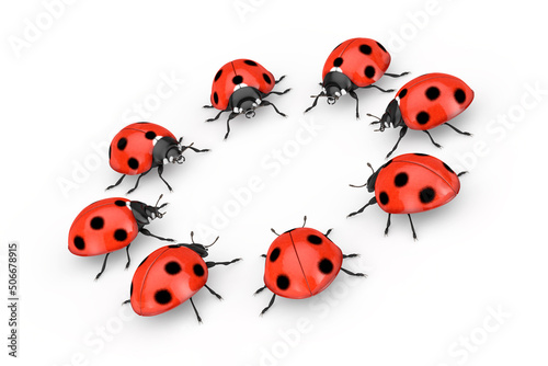 Circle Row of Red Realistic Beautiful Ladybirds. 3d Rendering