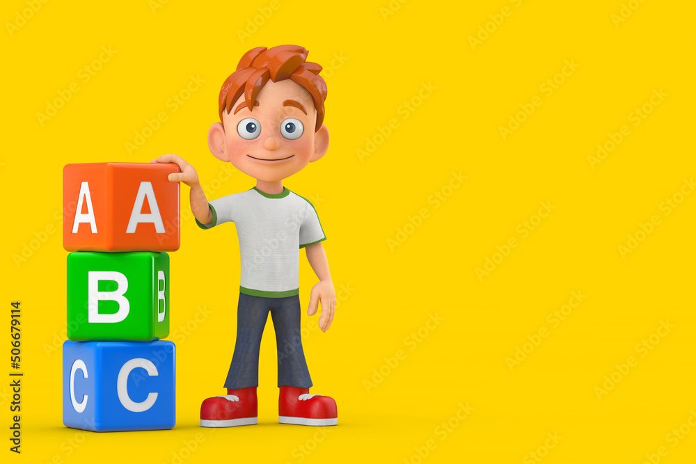 Cartoon Little Boy Teen Person Character Mascot with Alphabet ABC Education Cubes. 3d Rendering
