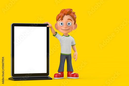 Cartoon Little Boy Teen Person Character Mascot with Blank Trade Show LCD Screen Display Stand as Template for Your Design. 3d Rendering