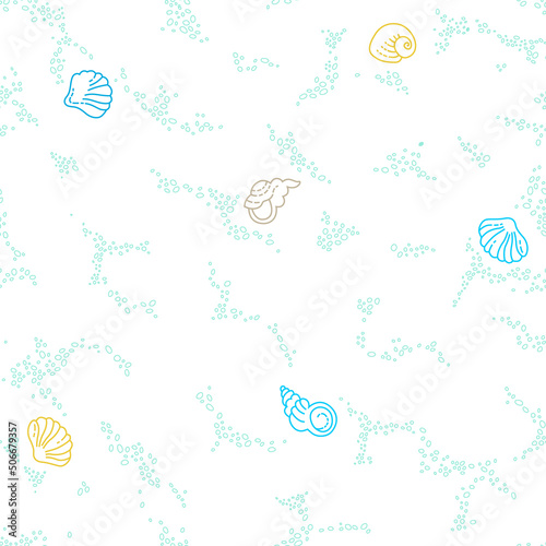Vector seamless pattern of line art tropical sea elements, seashells, starfish. Doodles of marine life. Sea decor for background,  wallpaper. Ocean invertebrates, sea creatures.