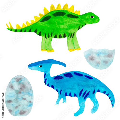 watercolor set of dinosaurs and eggs isolated on white background