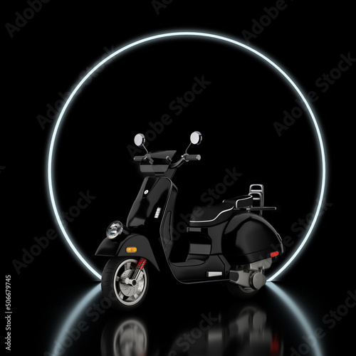 Blue Classic Vintage Retro or Electric Scooter on a Black Circle Promotion Stage Podium with Backlight. 3d Rendering