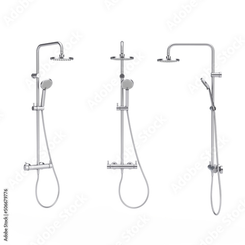 Modern Bathing Metallic Chrome Shower Wall System with Faucet. 3d Rendering