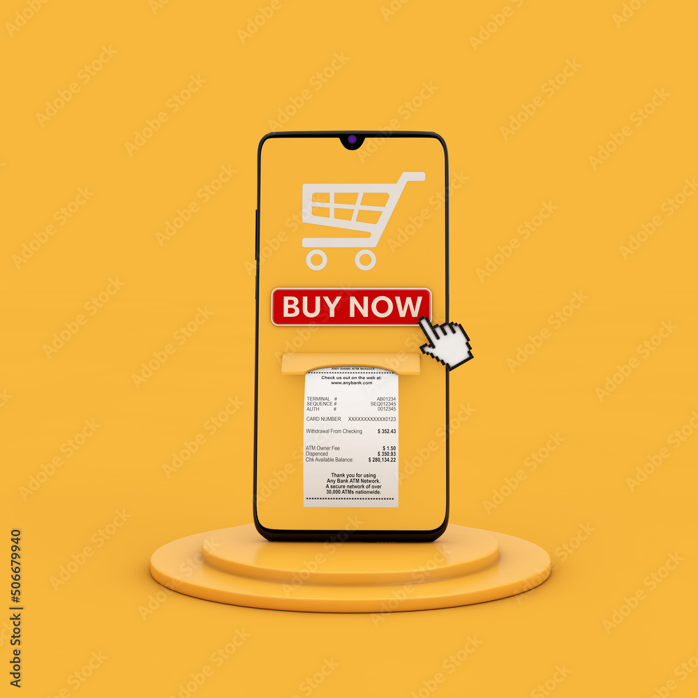 Online Buy It Now Concept. Mobile Smartphone with Buy Now Button, Shopping Cart Icon and Printed Abstract Shopping Paper Bill Receipt. 3d Rendering Online Buy It Now Concept. Mobile Smartphone with Buy Now Button, Shopping Cart Icon and Printed Abstract Shopping Paper Bill Receipt. 3d Rendering