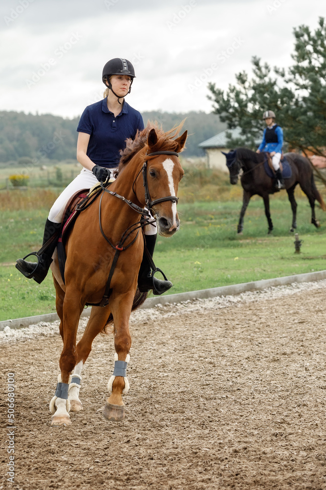 Equestrian. Young girl on bay horse performing her dressage test. Equestrian. Young girl on bay horse performing her dressage test.