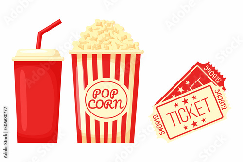 Cinema objects - popcorn bucket, soda water and retro style ticket, sketch vector illustration isolated on white background. Typical movie attributes - popcorn, soda water, cinema ticket