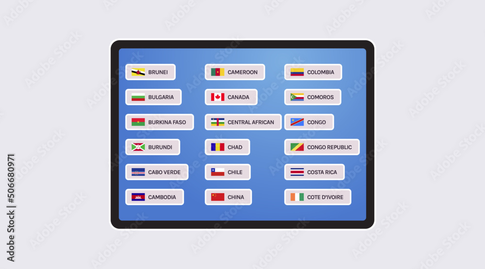 World flags and all world countries flags on smart screen concept flat vector illustration.